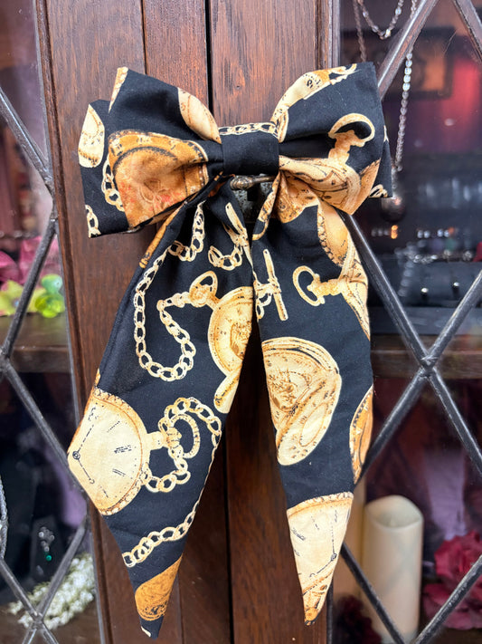“Alice” Bow Hair Barrette in Pocket watch fabric