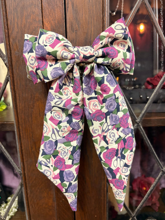 “Alice” Bow Hair Barrette in Roses & scissors fabric