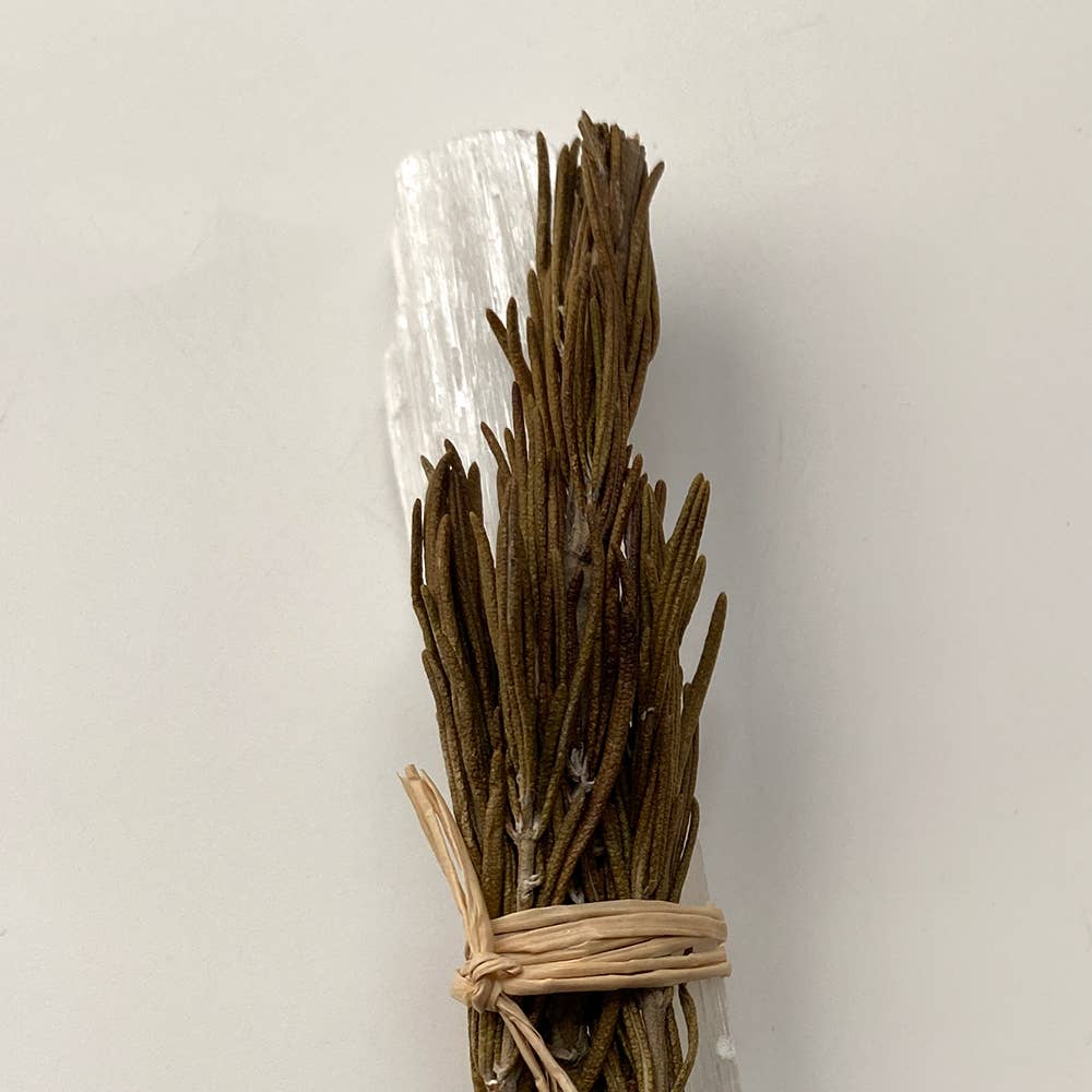 Mini Smudge Cluster, Rosemary with Selenite Wand 4"