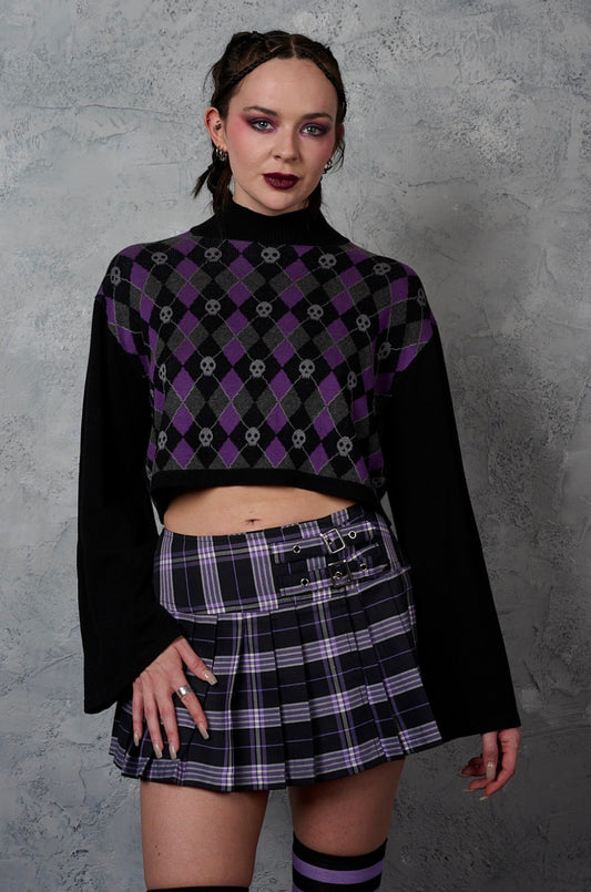 Skull Argyle crop Jumper Purple