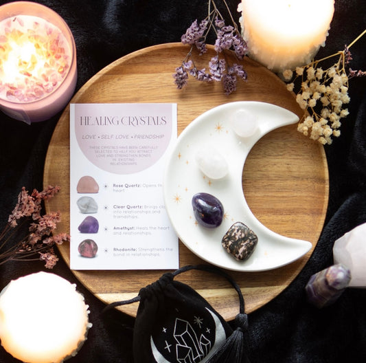 Love/ Friendship Crystal healing set with Moon Trinket dish.