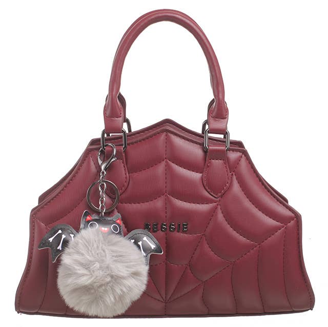 Quilted Spiderweb Bag with bat charm. Burgundy