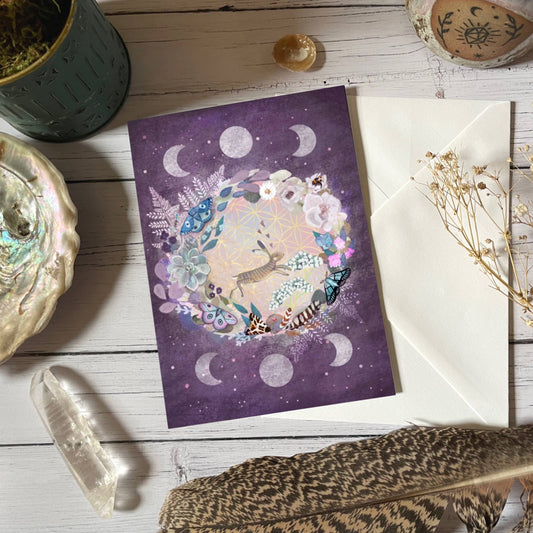 Purple moon phase hare Greetings Card