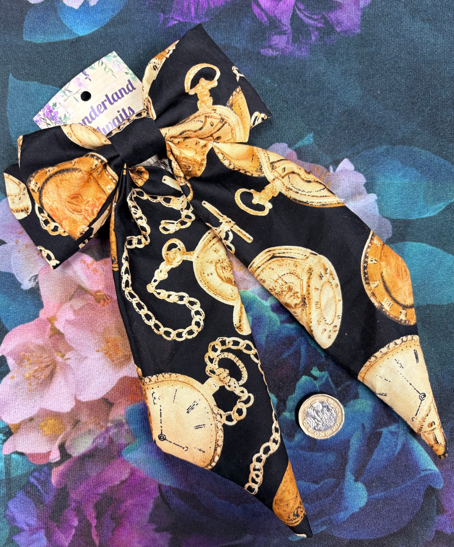 “Alice” Bow Hair Barrette in Pocket watch fabric