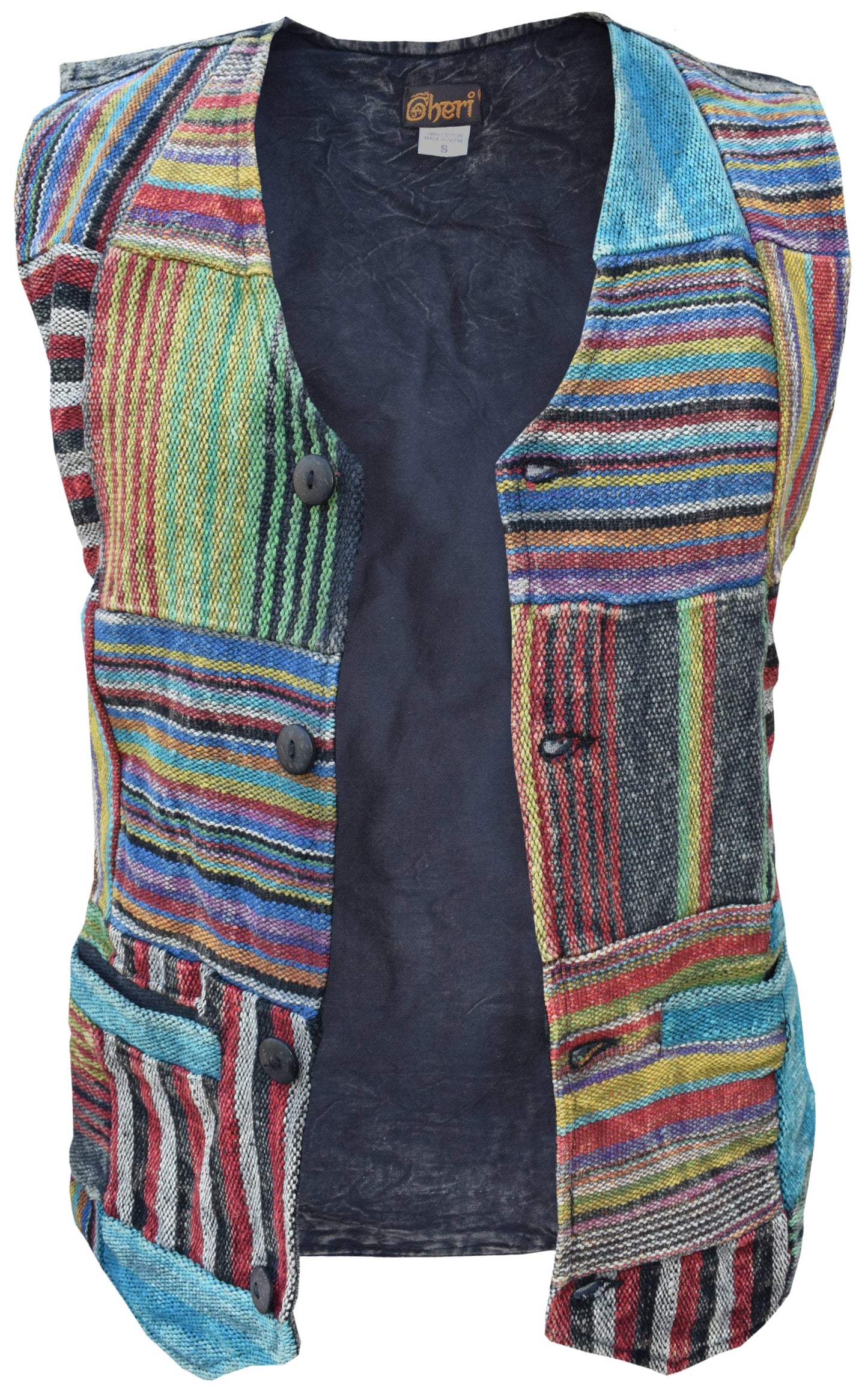 Gheri Patchwork Striped Boho Wood Button Waistcoat
