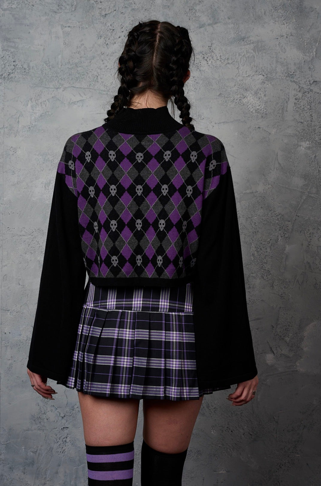 Skull Argyle crop Jumper Purple