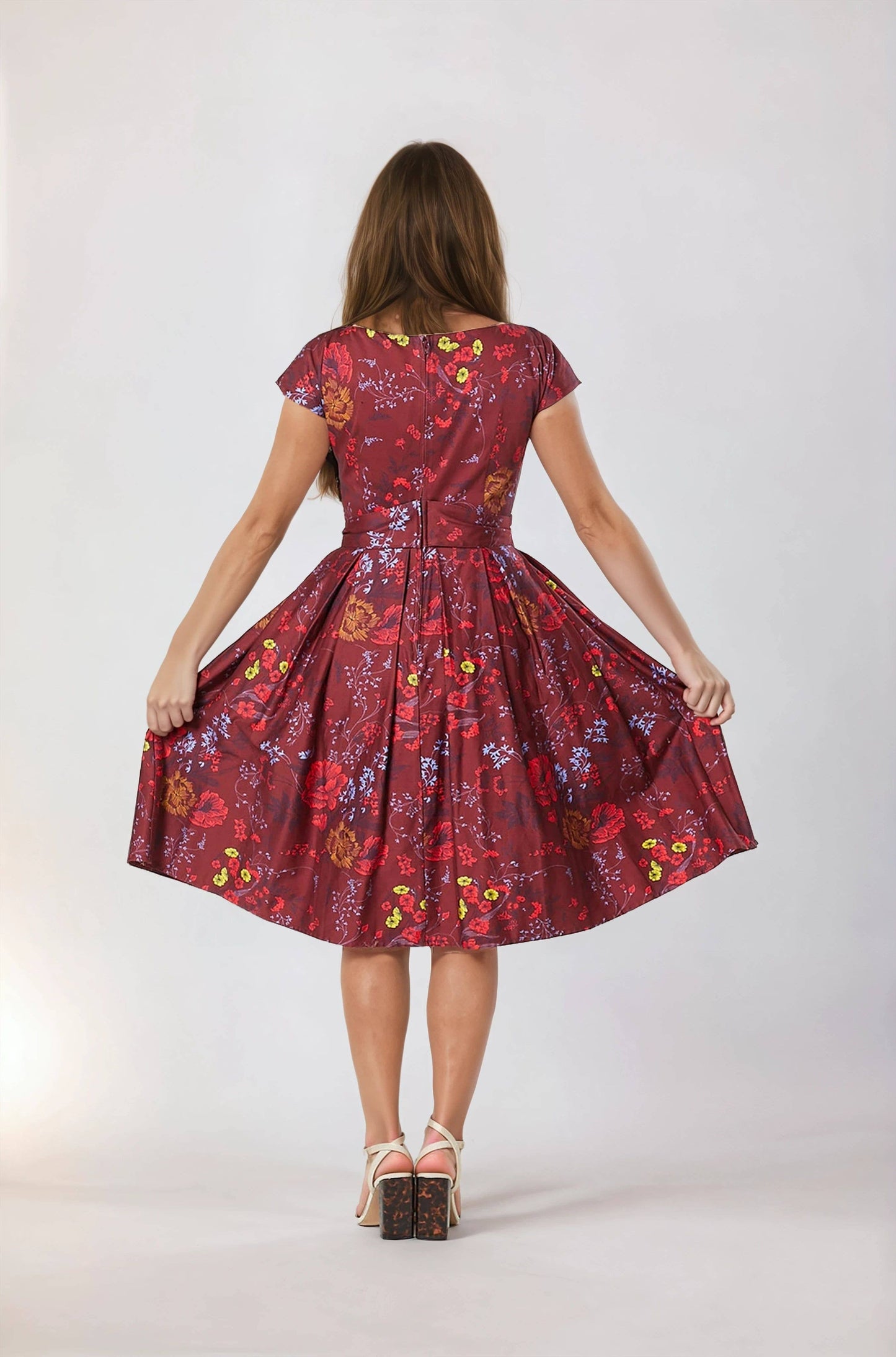 Teagan V Neck, Midi Floral Fit&Flare Dress in Cotton Sateen