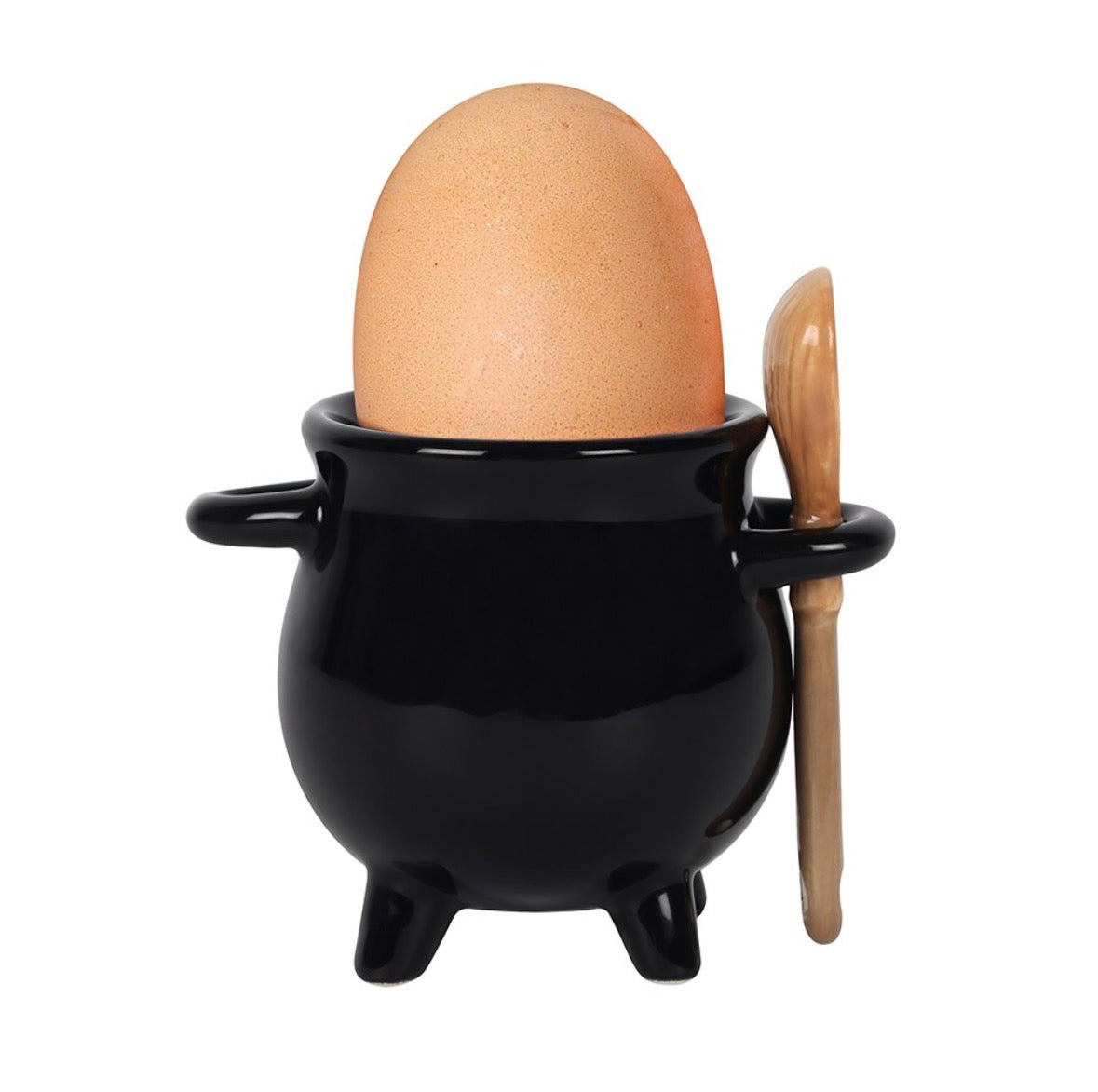 Cauldron egg cup with broom spoon