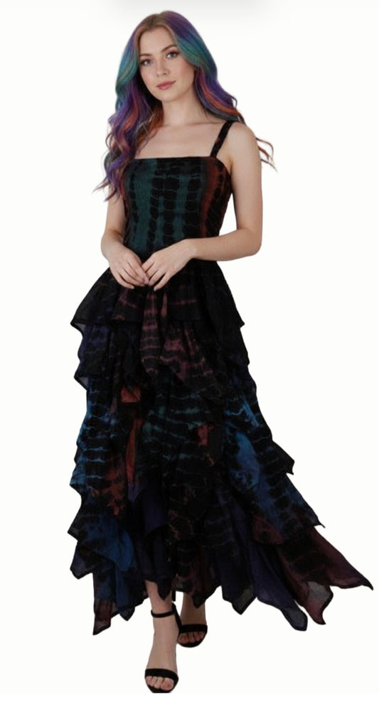 Dark Rainbow Tie dye tiered dress