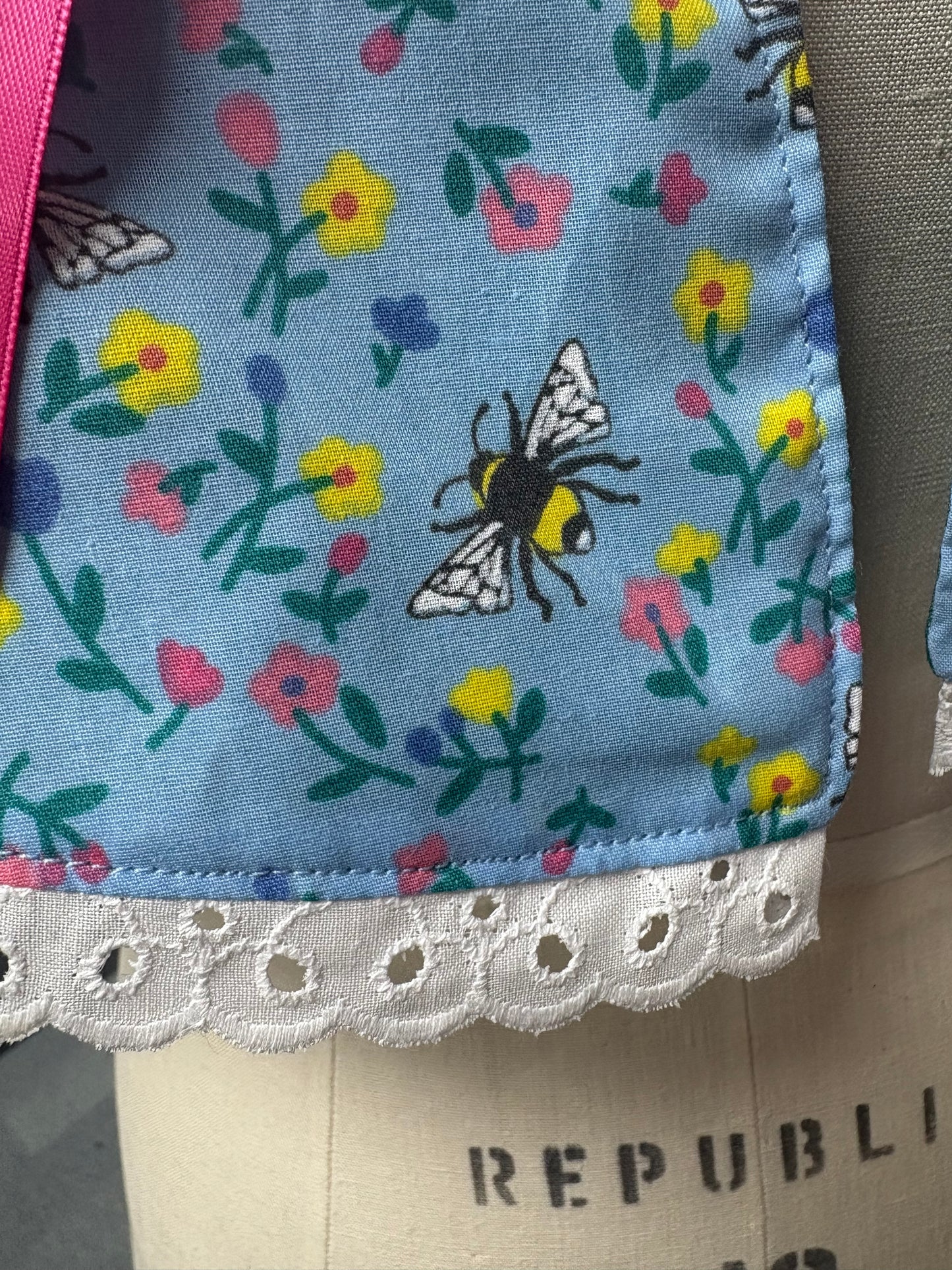 “Miriam” Capelet with lace trim in blue floral and bees