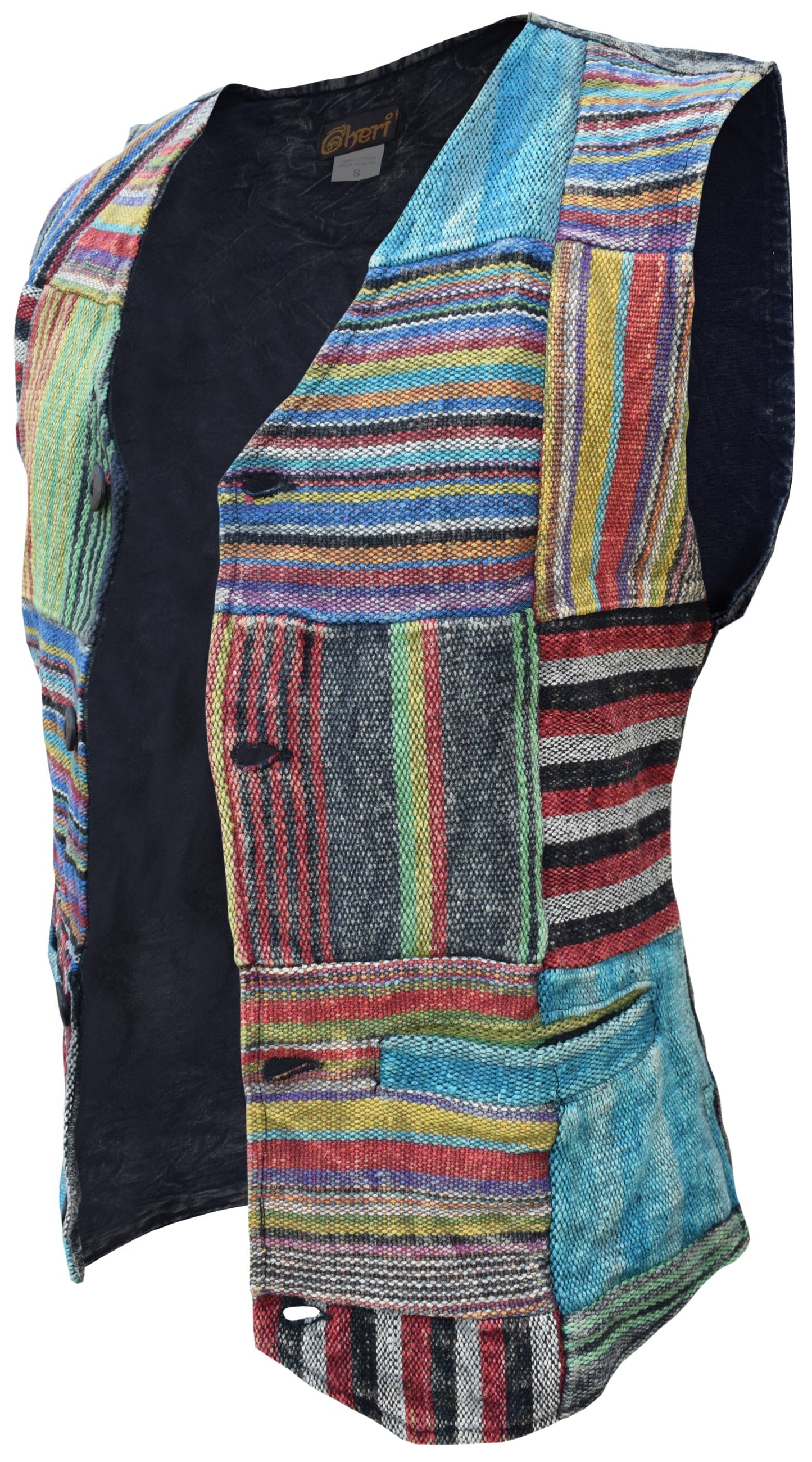 Gheri Patchwork Striped Boho Wood Button Waistcoat