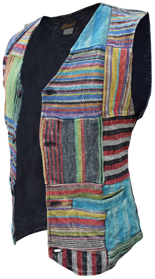 Gheri Patchwork Striped Boho Wood Button Waistcoat