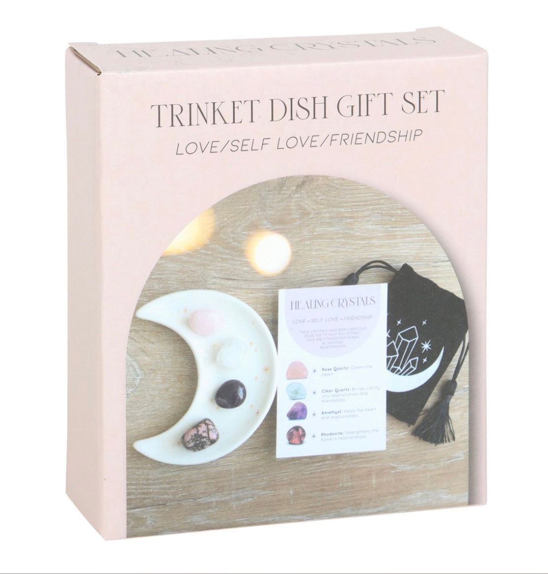 Love/ Friendship Crystal healing set with Moon Trinket dish.