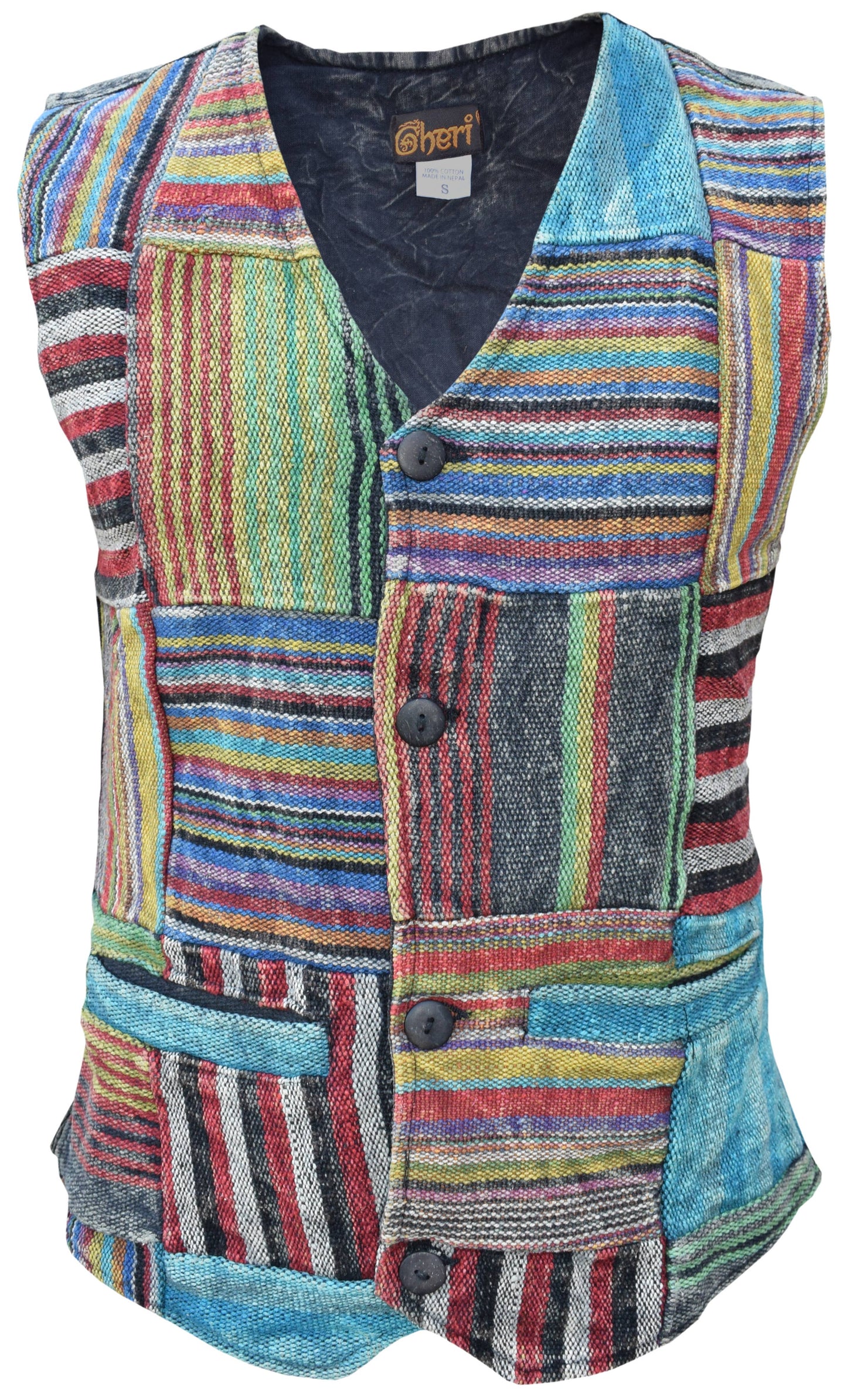 Gheri Patchwork Striped Boho Wood Button Waistcoat