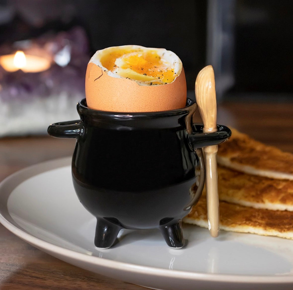 Cauldron egg cup with broom spoon