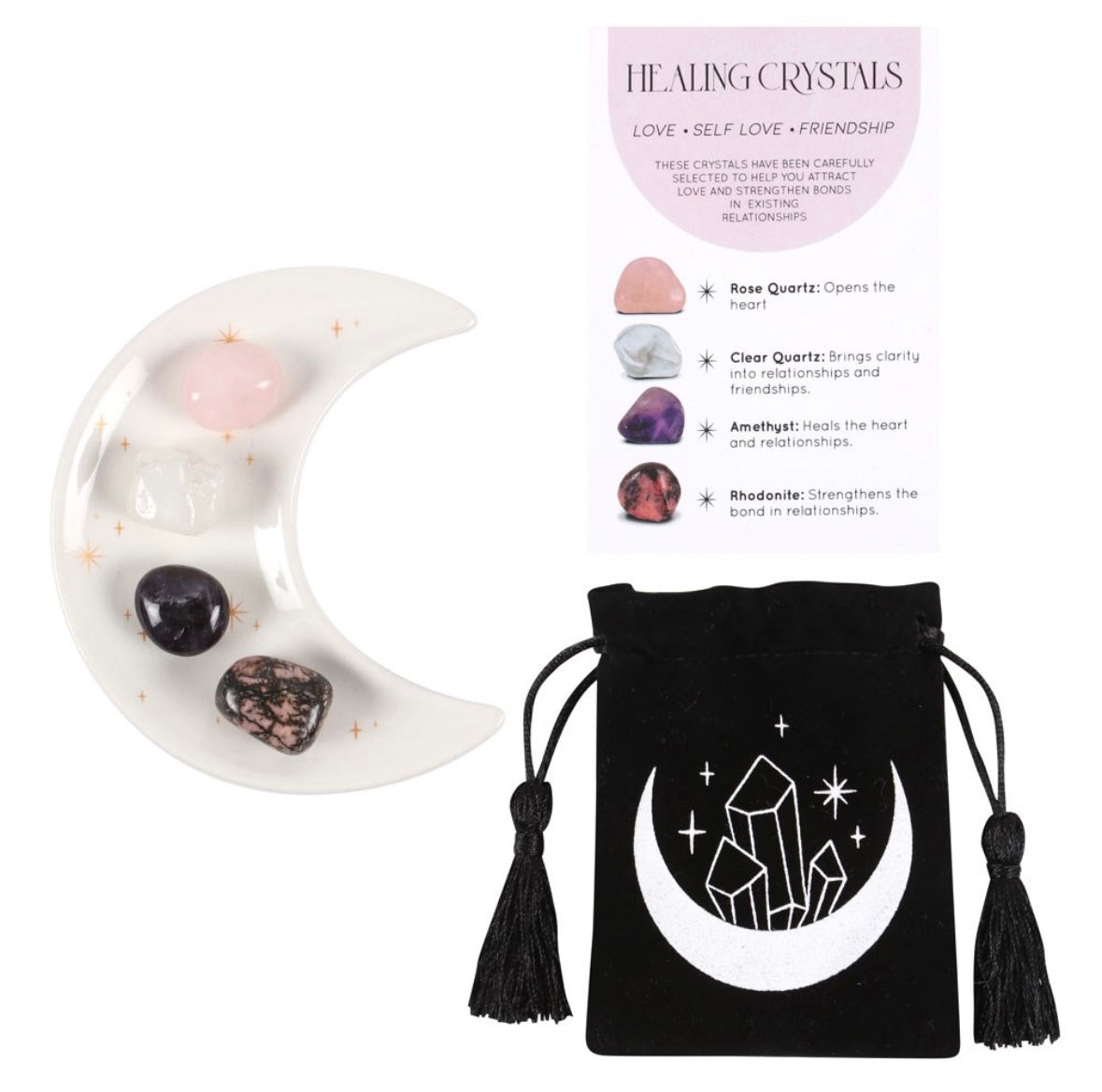 Love/ Friendship Crystal healing set with Moon Trinket dish.