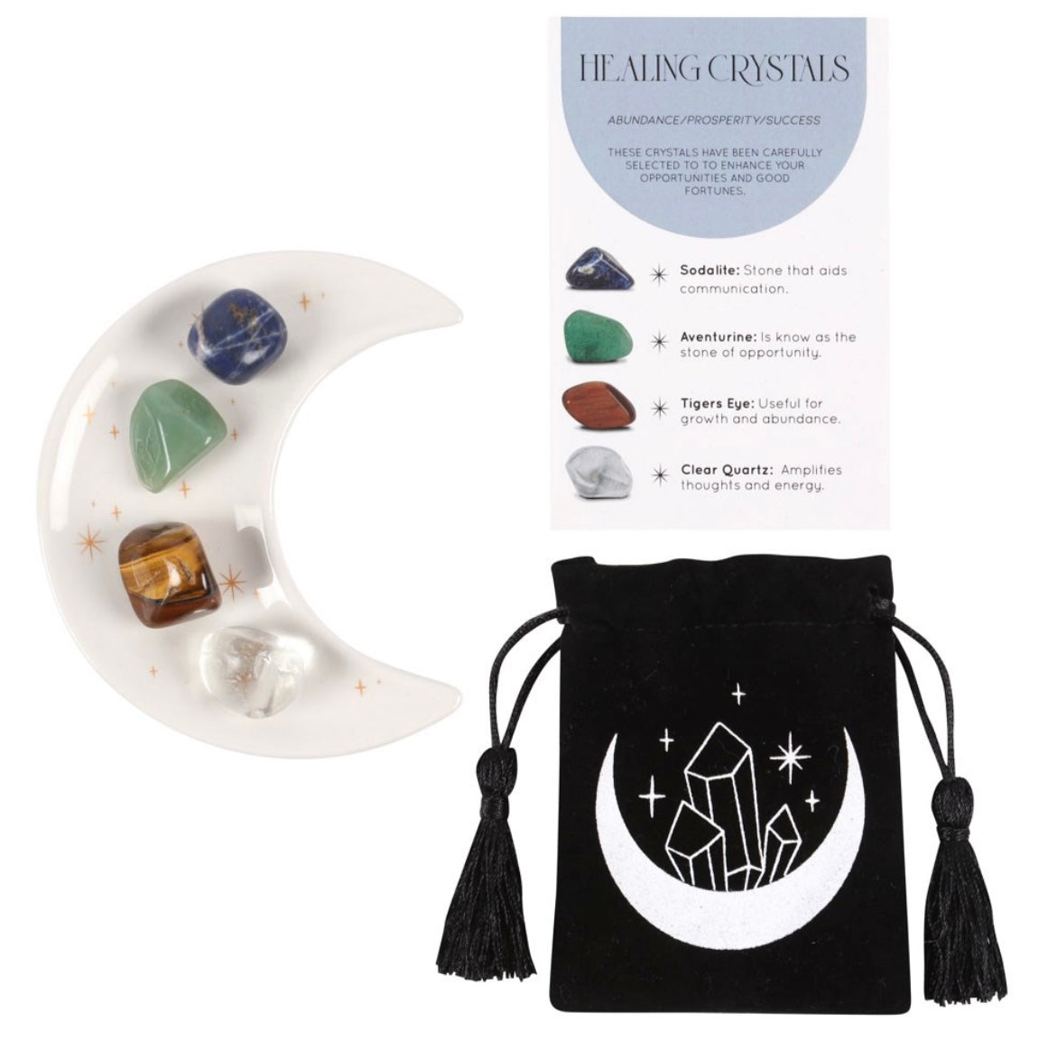 Success Crystal healing set with Moon Trinket dish.