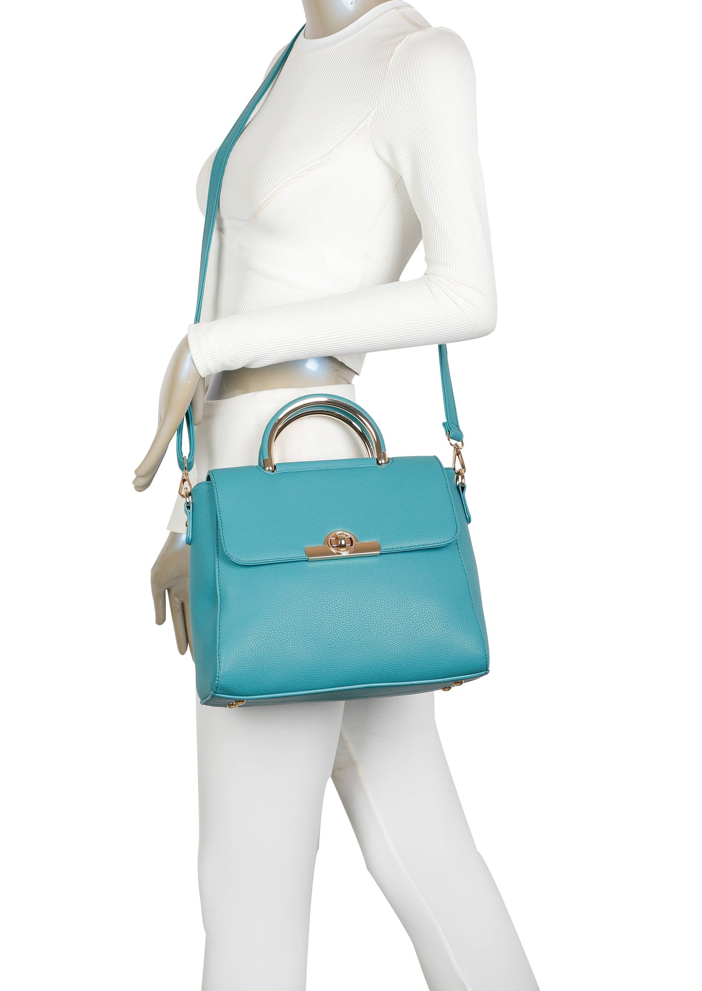 Retro Front Clasp Opening Top Handle Bag Turquoise