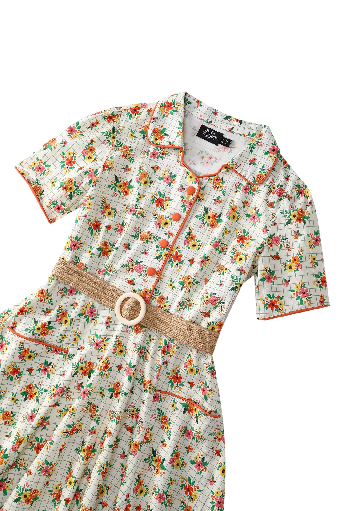 Penelope Cream Rockabilly Floral & Subtle Checkered Print Dress