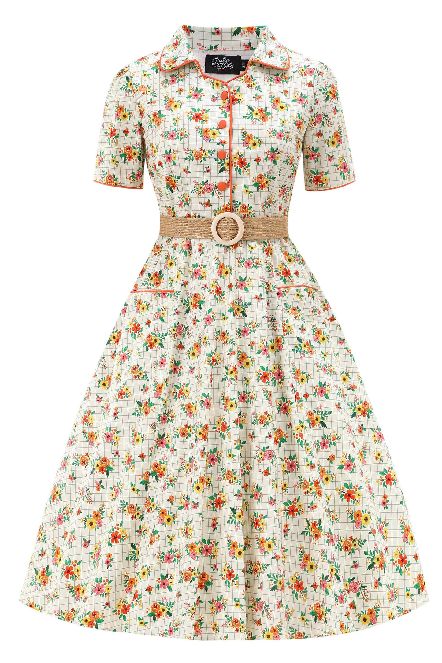 Penelope Cream Rockabilly Floral & Subtle Checkered Print Dress