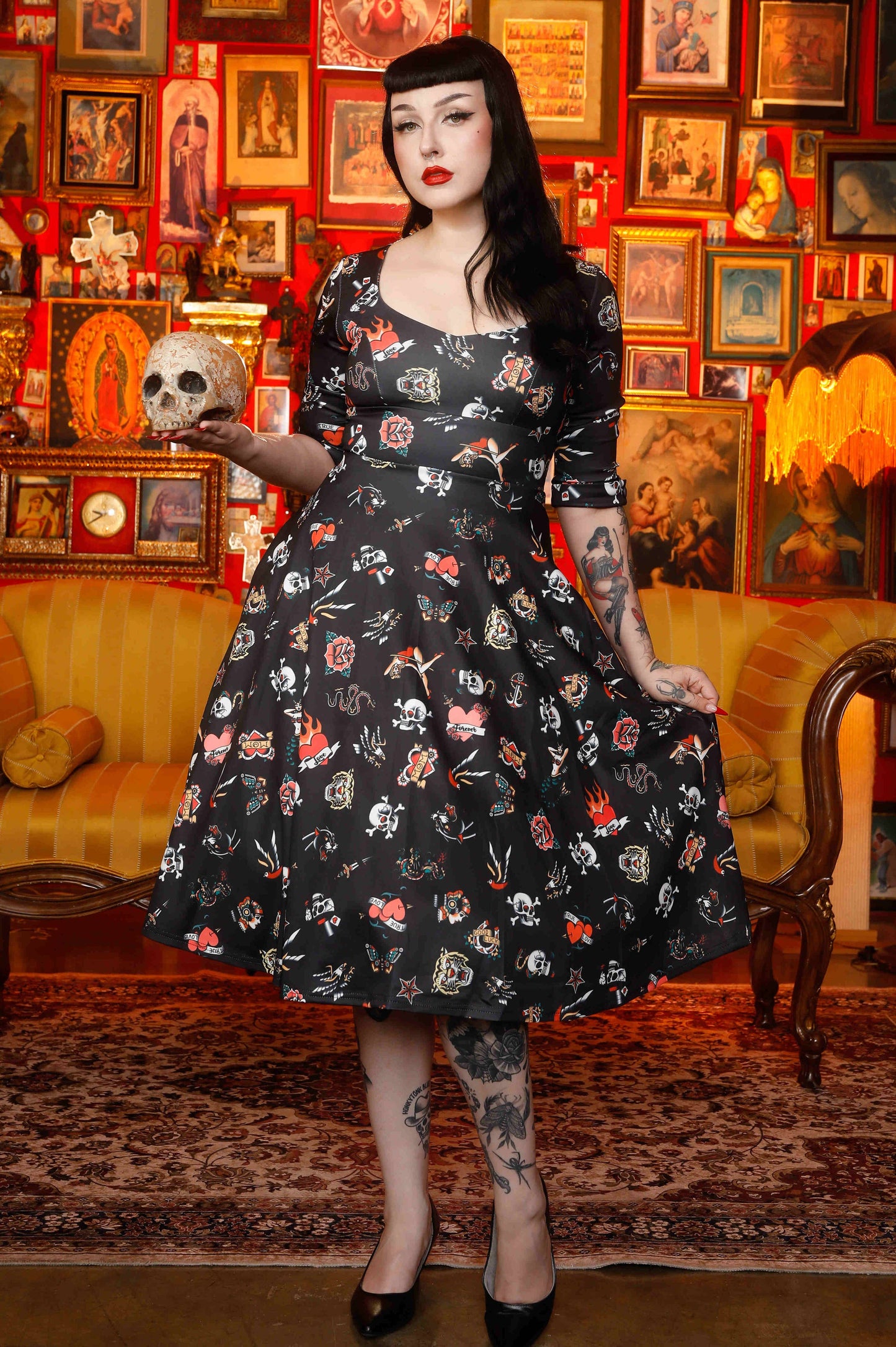 Debra Long Sleeves Stretchy Dress Black with Tattoo Print
